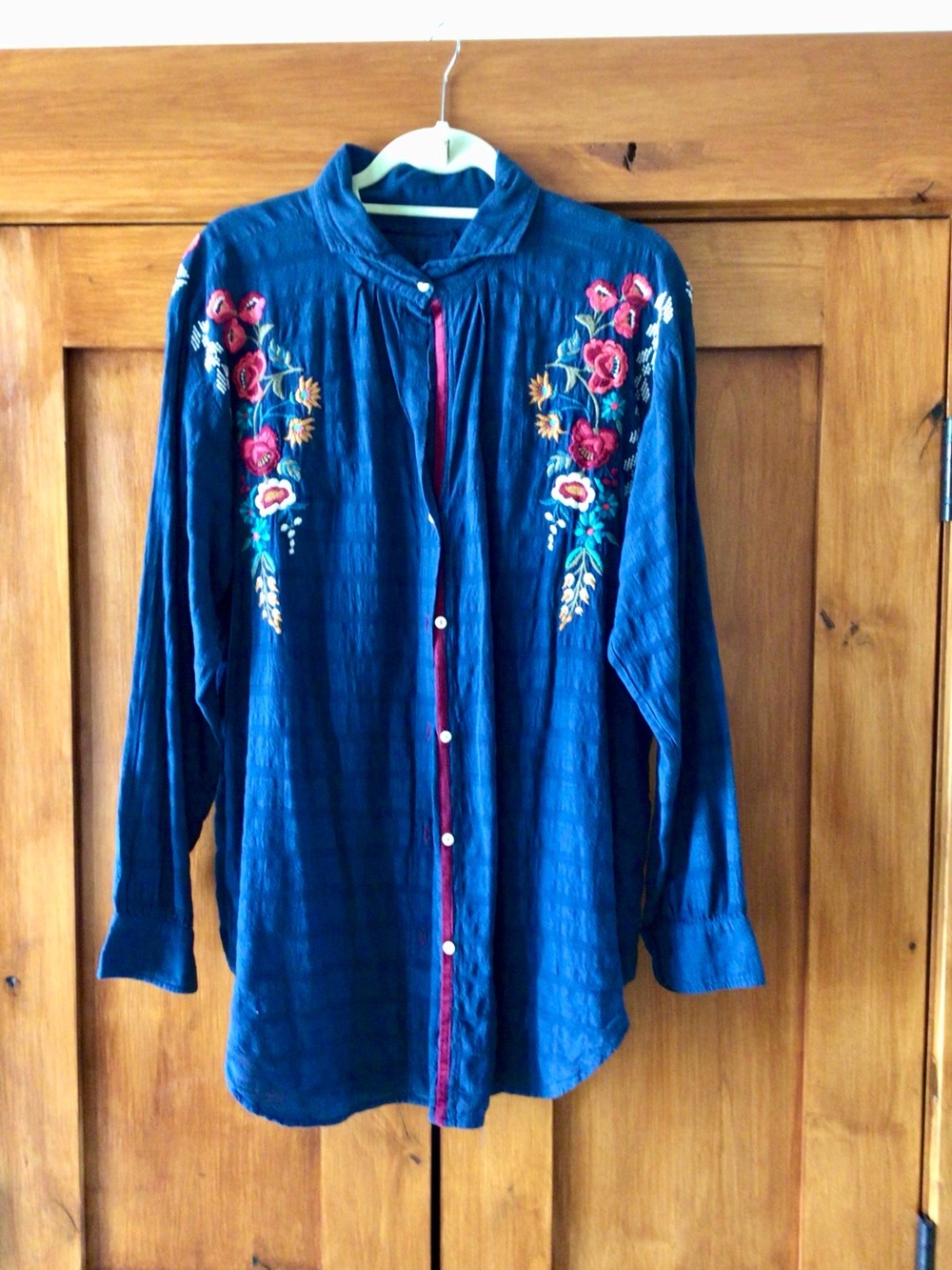 Johnny Was Tunic Embroidered Blue Button-Front Women's Top